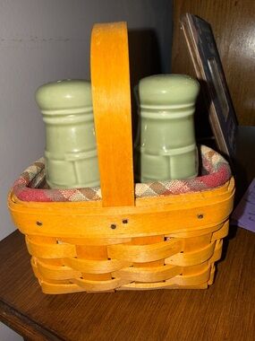 Longaberger Green Ceramic Salt & Pepper Shakers with Orange Basket
